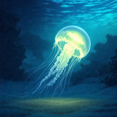 The primary subject of the image is a large, glowing jellyfish floating in a dark, blue ocean. The setting is underwater, with the jellyfish surrounded by a vast expanse of water. The visual style is a combination of photo and digital art, creating a realistic yet artistic representation of the jellyfish. The colors and mood of the image are predominantly dark and moody, with the glowing jellyfish being the main source of light and vibrancy.